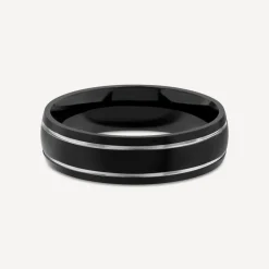 Black Titanium Silver Coloured Double Line Mens Ring