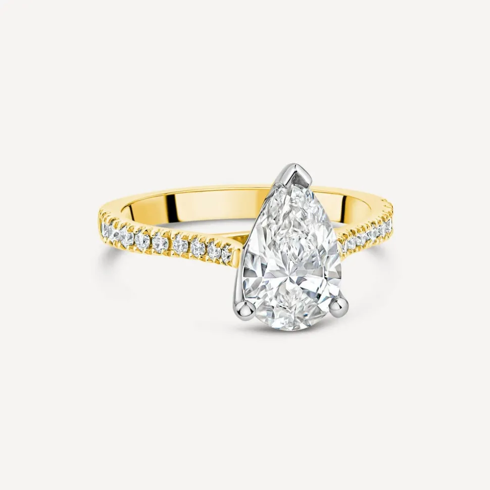 Born 18ct Yellow Gold Lab Grown 1.70ct Pear Solitaire & Diamond Sides Ring