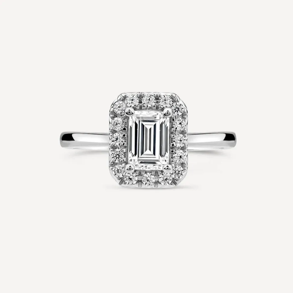Born Platinum 1.20 Lab Grown Emerald Cut Halo Diamond Ring