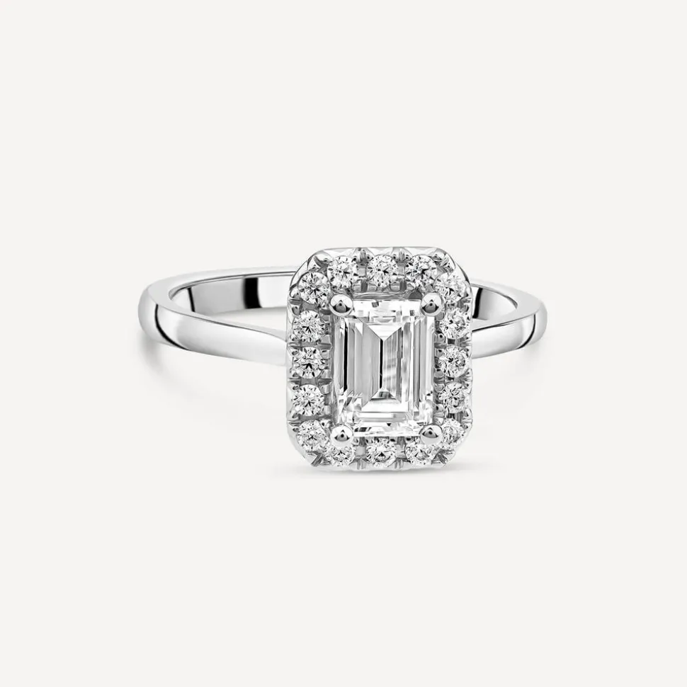 Born Platinum 1.20 Lab Grown Emerald Cut Halo Diamond Ring