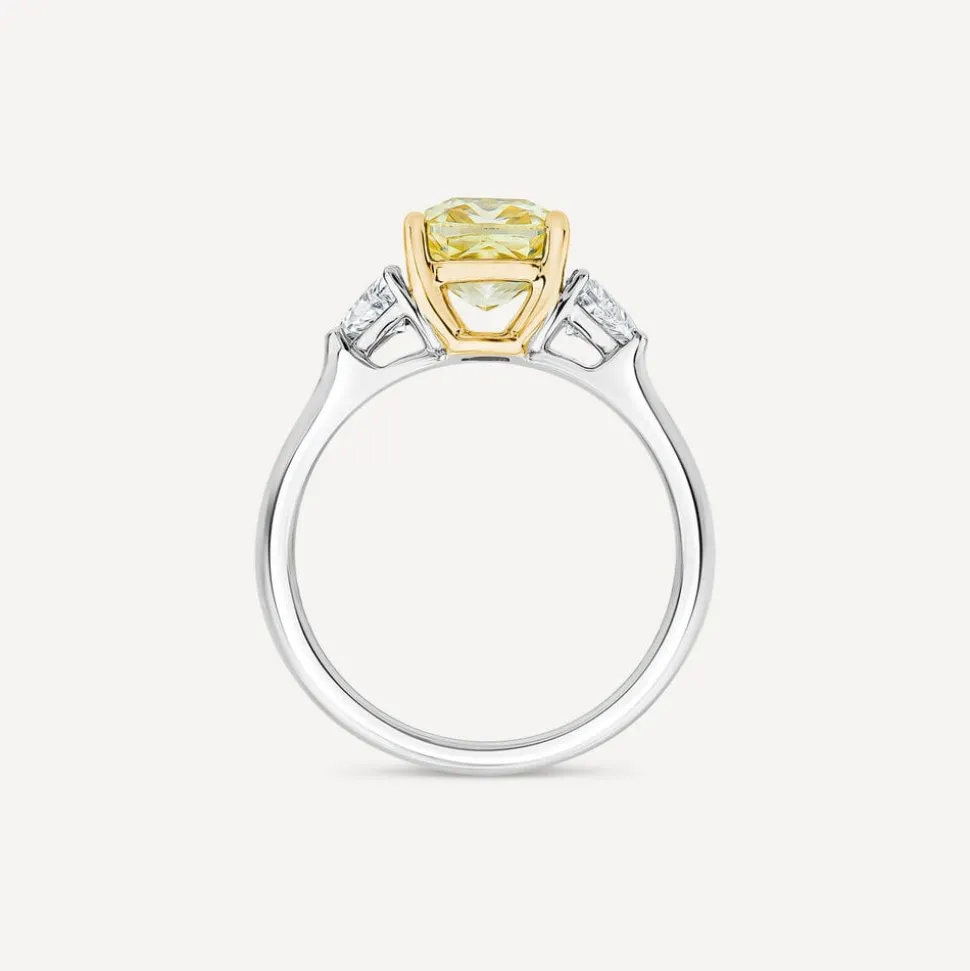 Born Platinum & 18ct YG Head 2.50ct Yellow Cushion Centre Trilogy Lab Grown Diamond Sides Ring