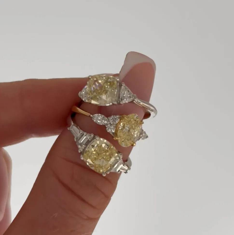 Born Platinum & 18ct YG Head 2.50ct Yellow Cushion Centre Trilogy Lab Grown Diamond Sides Ring