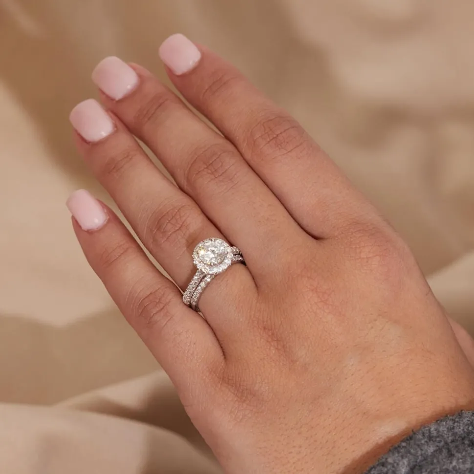 Born Platinum 1.40ct lab Grown Round Halo & Diamond Sides Ring