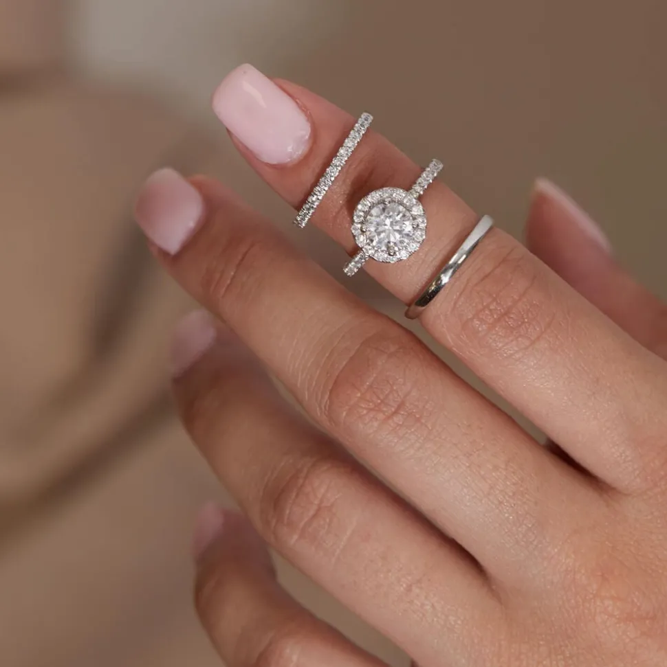 Born Platinum 1.40ct lab Grown Round Halo & Diamond Sides Ring