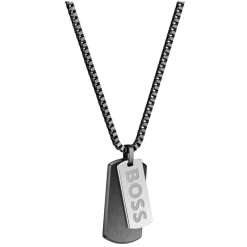 BOSS Devon Branded Double Tag Pendant Black IP Box Chain Steel Necklace