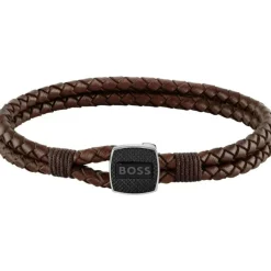 BOSS Double Rope Brown Leather Mens Bracelet