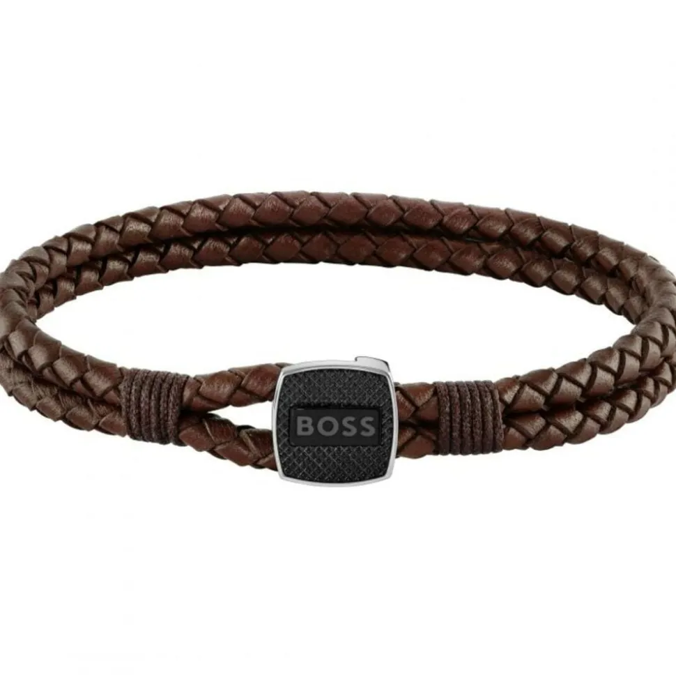 BOSS Double Rope Brown Leather Mens Bracelet