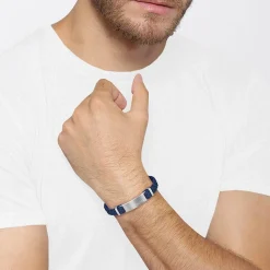 BOSS Dylan Navy Blue Leather Stainless Steel Plate Bracelet