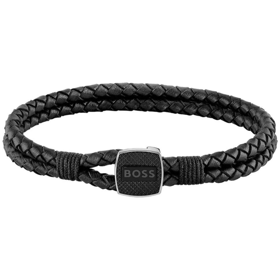 BOSS Gents Seal Braided Black Leather Bracelet