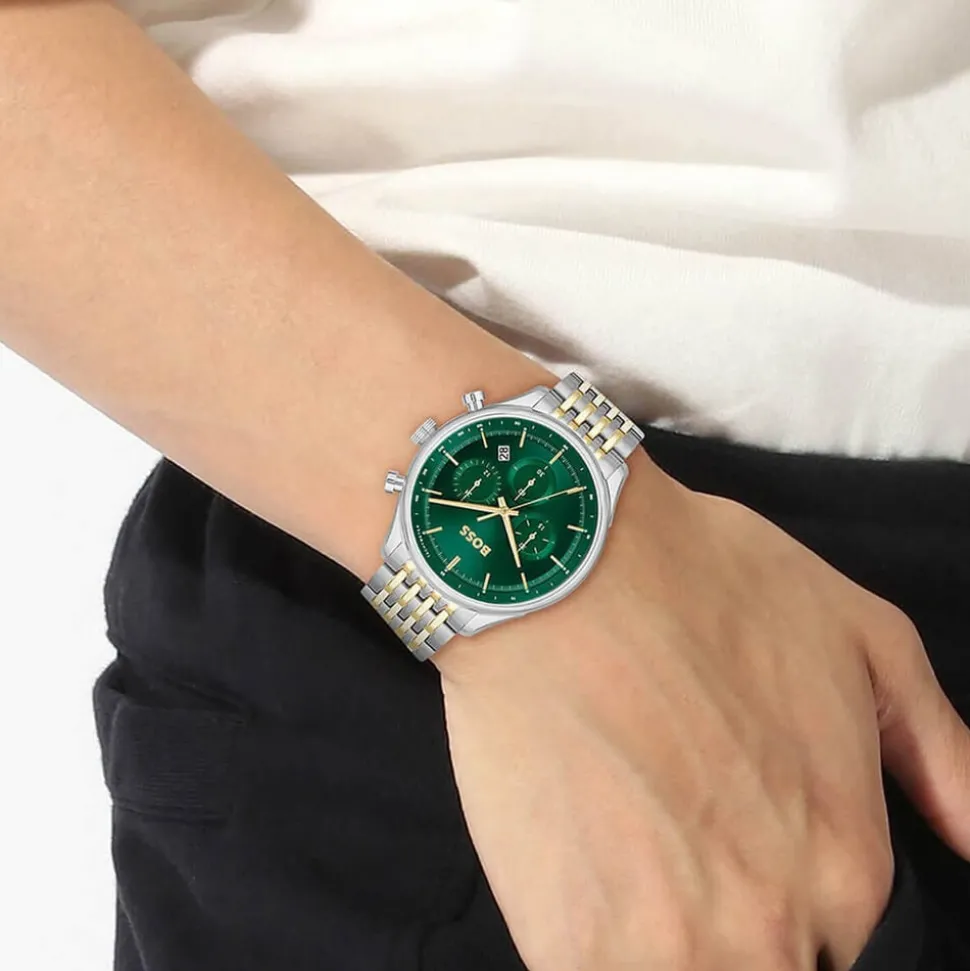 BOSS Gregor 45mm Green Dial Chronograph Two Toned Bracelet Watch