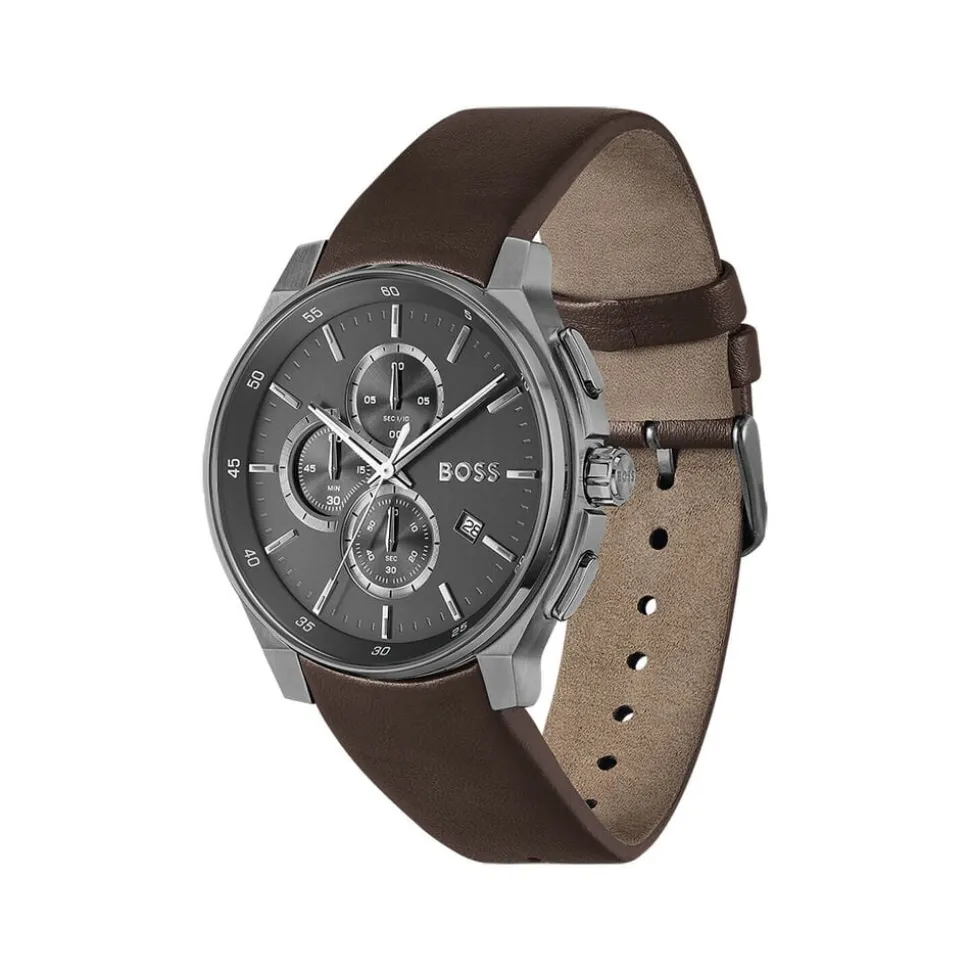 BOSS Peak 2.0 Chronograph 45mm Grey Matte Dial Brown Leather Strap Watch