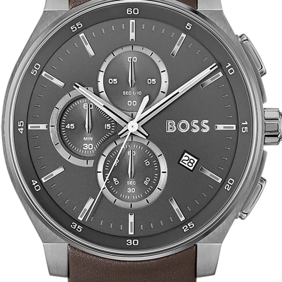 BOSS Peak 2.0 Chronograph 45mm Grey Matte Dial Brown Leather Strap Watch