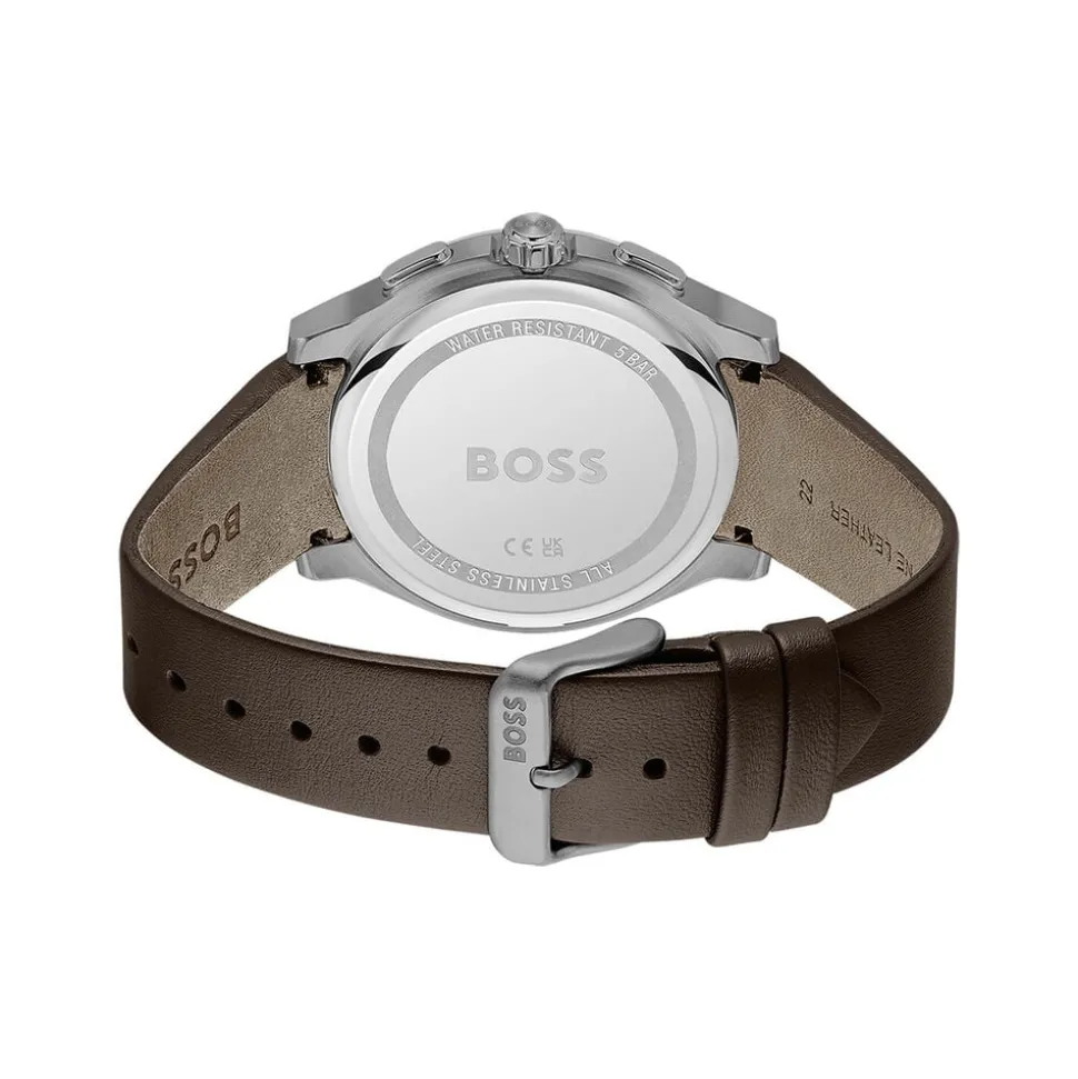 BOSS Peak 2.0 Chronograph 45mm Grey Matte Dial Brown Leather Strap Watch