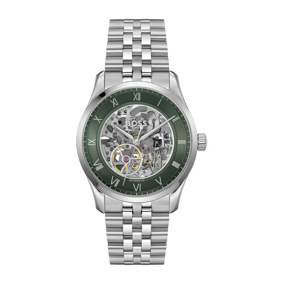 BOSS Principe Skeleton 41mm Green Dial Stainless Steel Bracelet Watch
