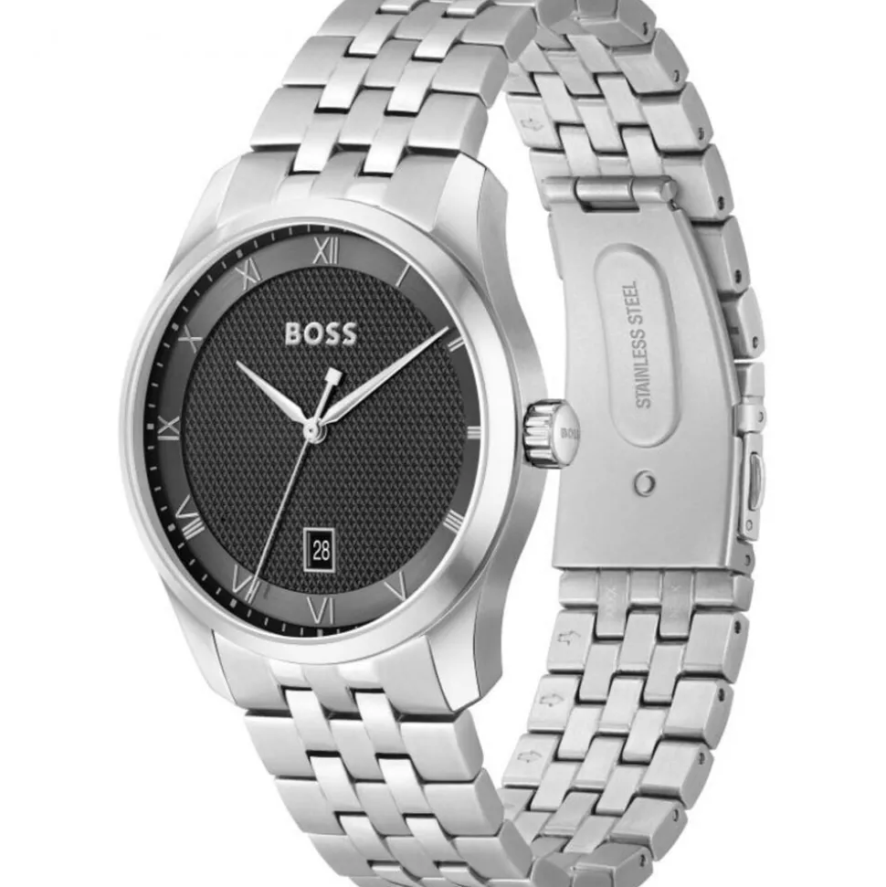 BOSS Principle 41mm Black Dial 3 Hands Mesh Bracelet Watch