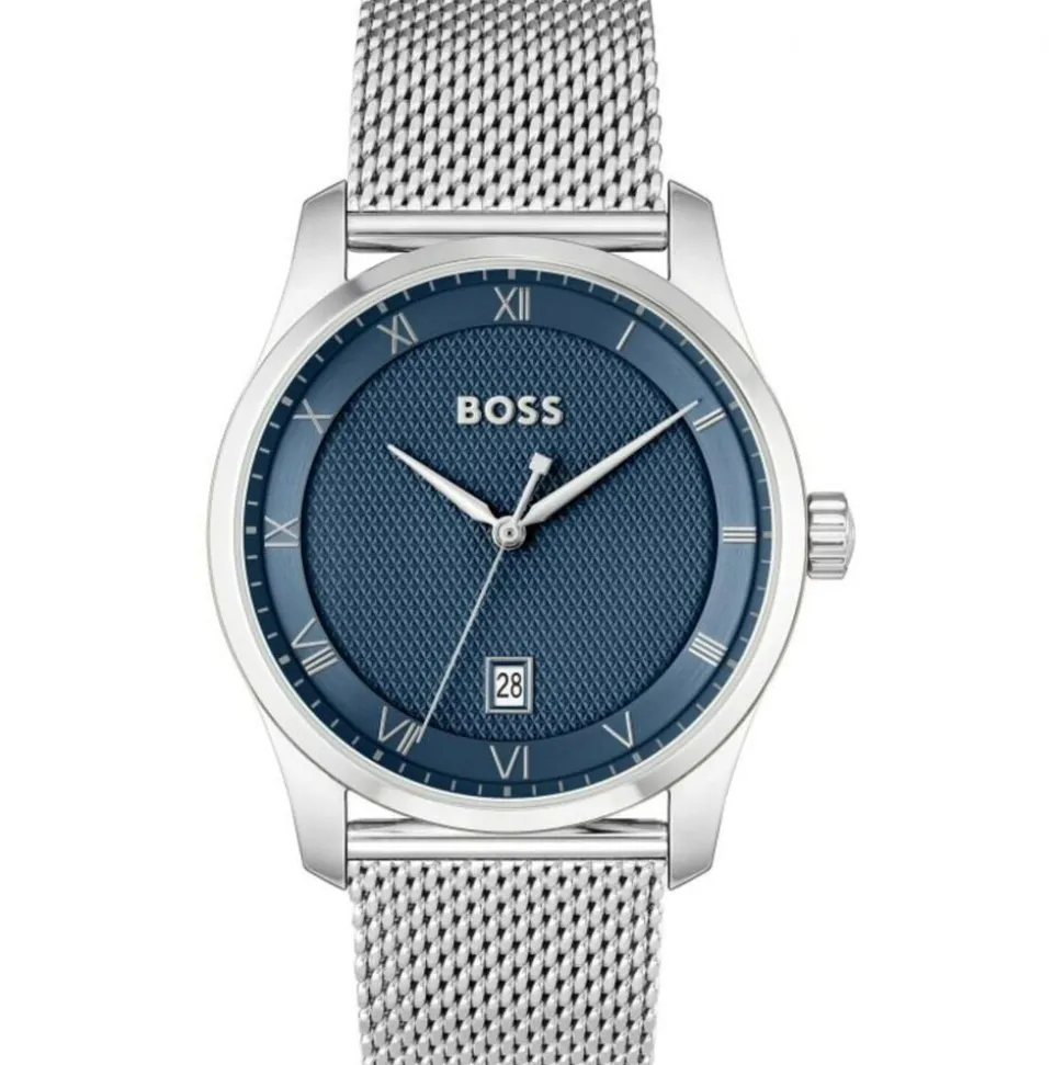 BOSS Principle 41mm Blue Dial 3 Hands Mesh Bracelet Watch