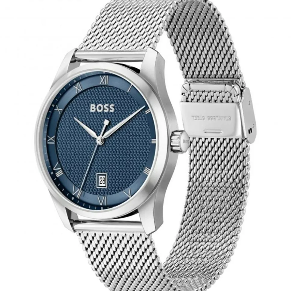 BOSS Principle 41mm Blue Dial 3 Hands Mesh Bracelet Watch