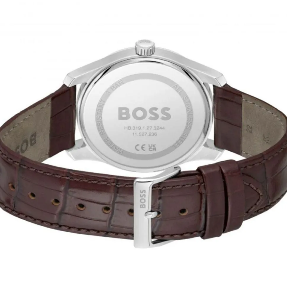 BOSS Principle 41mm Silver Dial 3 Hand Brown Leather Strap Watch