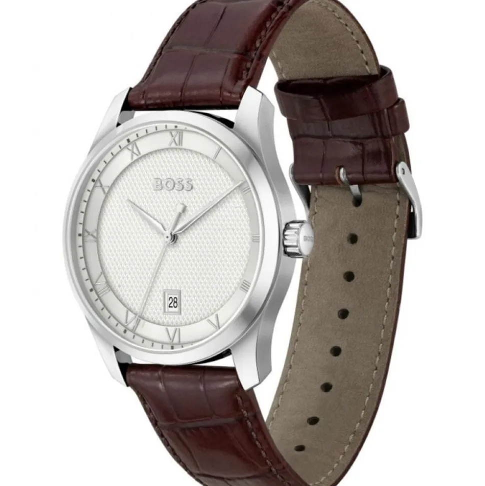 BOSS Principle 41mm Silver Dial 3 Hand Brown Leather Strap Watch
