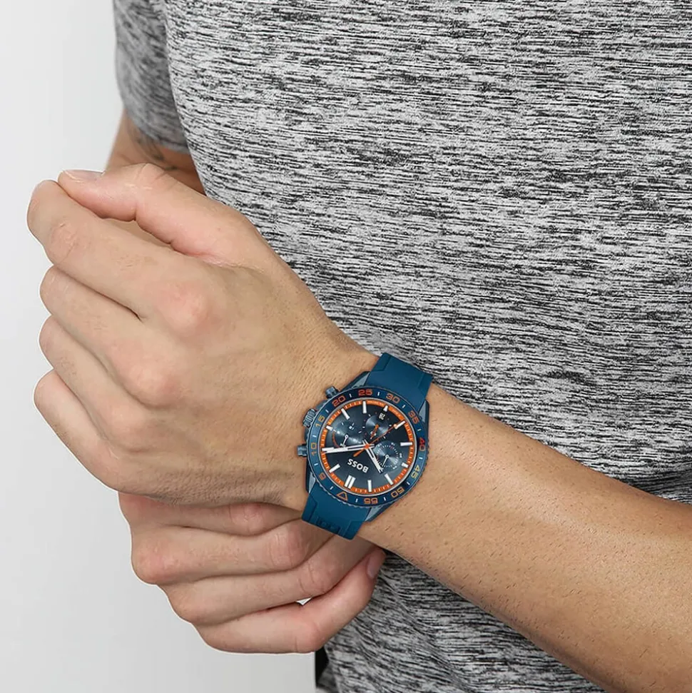 BOSS Runner Chronograph 44mm Blue Dial Silicone Strap Watch