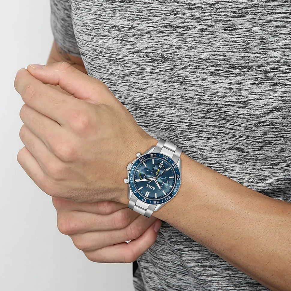 BOSS Runner Chronograph 44mm Blue Dial Steel Bracelet Watch
