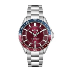 BOSS Runner 43mm Burgundy Dial Bezel Stainless Steel Bracelet Watch