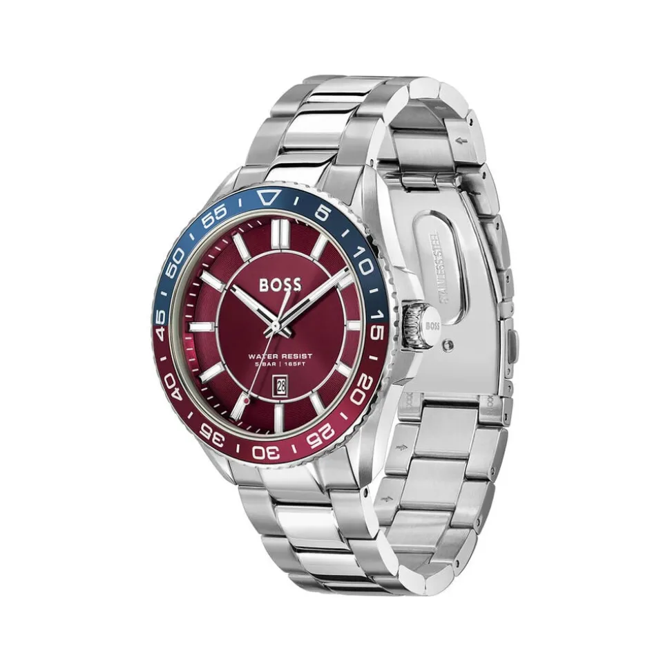 BOSS Runner 43mm Burgundy Dial Bezel Stainless Steel Bracelet Watch
