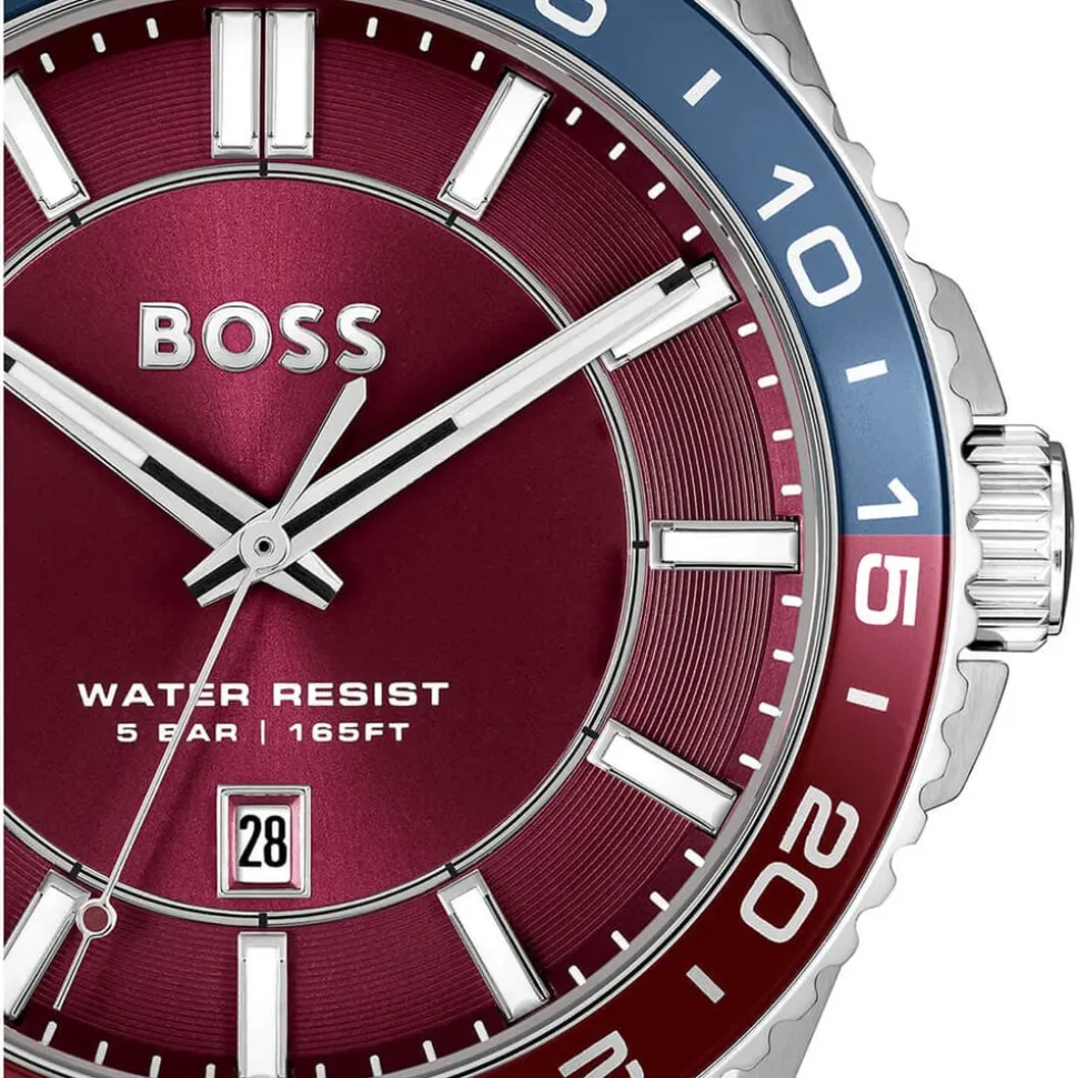 BOSS Runner 43mm Burgundy Dial Bezel Stainless Steel Bracelet Watch