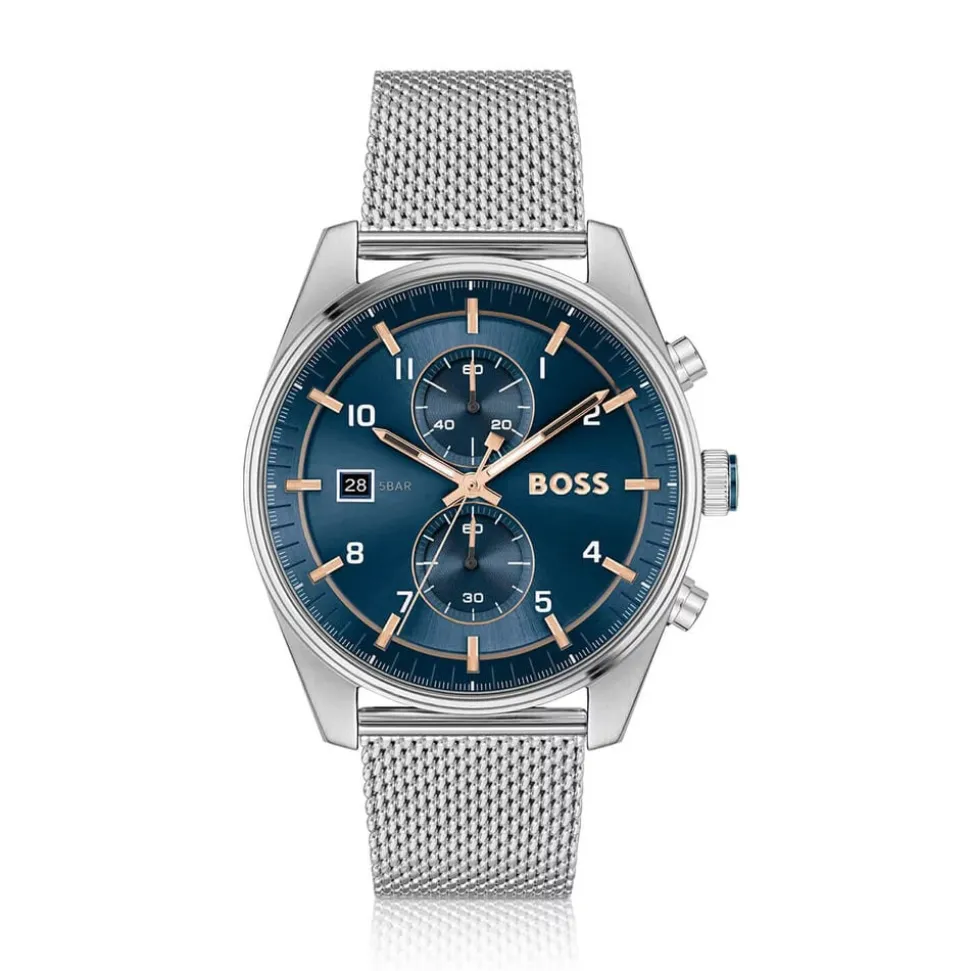 BOSS Skytraveller Chronograph 44mm Blue Dial Steel Mesh Bracelet Watch