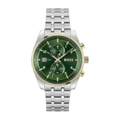 BOSS Skytraveller Chronograph 44mm Green Dial Gold Tone Bezel Steel Bracelet Watch
