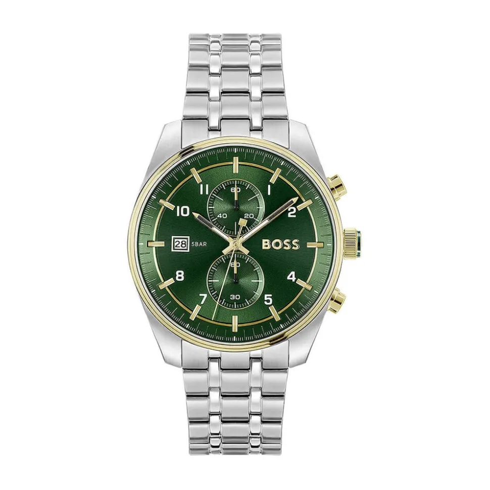 BOSS Skytraveller Chronograph 44mm Green Dial Gold Tone Bezel Steel Bracelet Watch