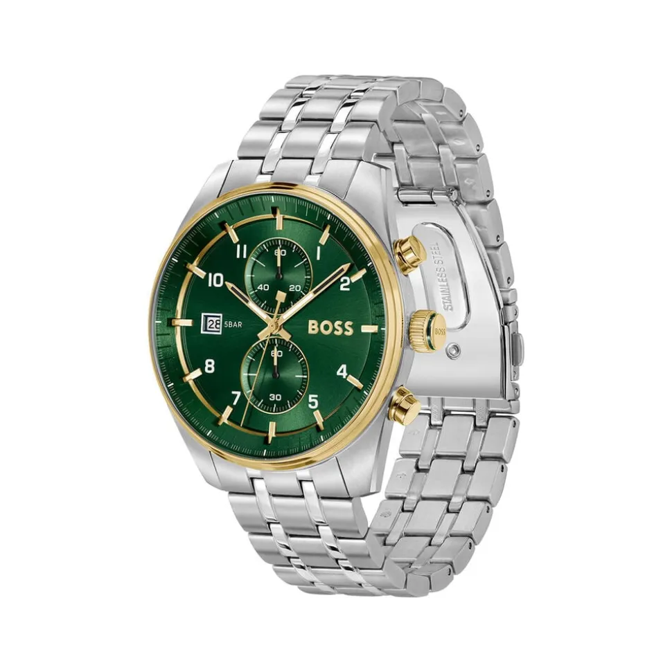 BOSS Skytraveller Chronograph 44mm Green Dial Gold Tone Bezel Steel Bracelet Watch