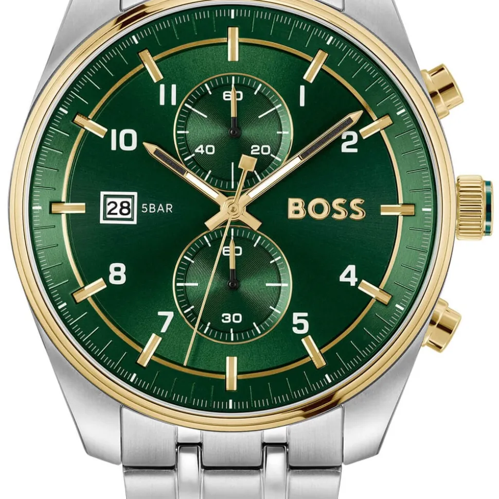 BOSS Skytraveller Chronograph 44mm Green Dial Gold Tone Bezel Steel Bracelet Watch