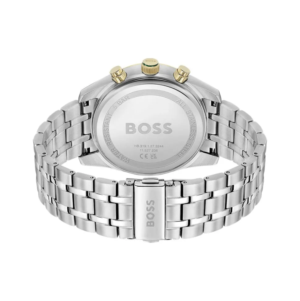 BOSS Skytraveller Chronograph 44mm Green Dial Gold Tone Bezel Steel Bracelet Watch