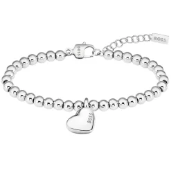BOSS Stainless Steel Heart Pendant Beaded Bracelet