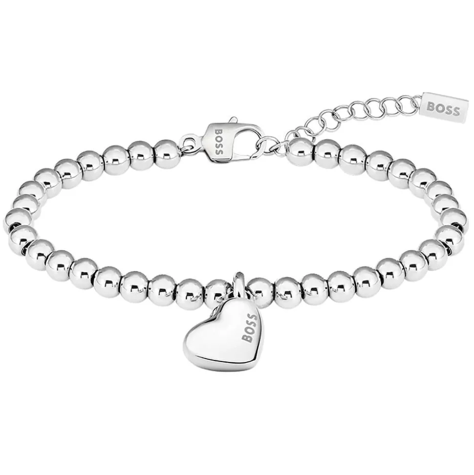 BOSS Stainless Steel Heart Pendant Beaded Bracelet