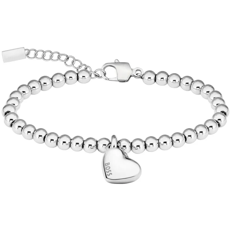BOSS Stainless Steel Heart Pendant Beaded Bracelet