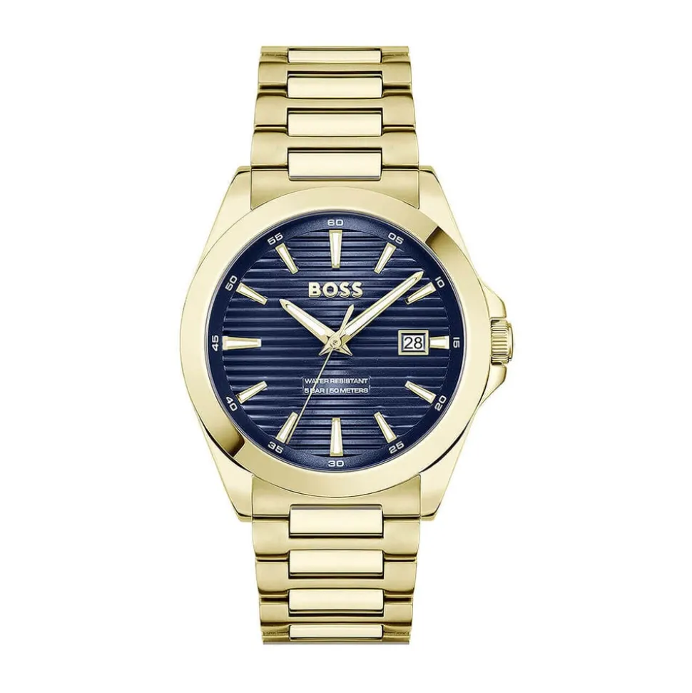 BOSS Strike 41mm Blue Textured Dial Gold Tone Steel Bracelet Watch