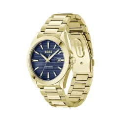 BOSS Strike 41mm Blue Textured Dial Gold Tone Steel Bracelet Watch