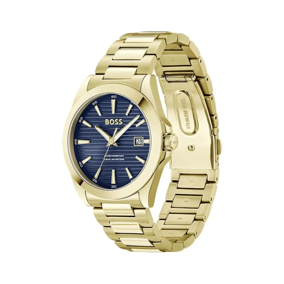 BOSS Strike 41mm Blue Textured Dial Gold Tone Steel Bracelet Watch