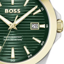 BOSS Strike 41mm Green Textured Dial Gold Tone Bezel Steel Bracelet Watch