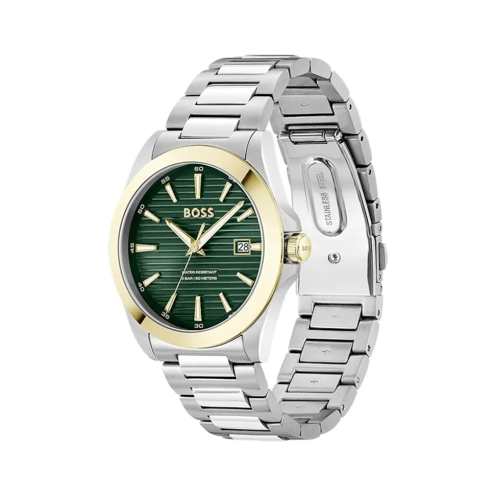 BOSS Strike 41mm Green Textured Dial Gold Tone Bezel Steel Bracelet Watch
