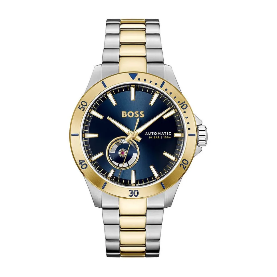 BOSS Troper Automatic 42mm Blue Open Heart Dial Two-Tone Steel Bracelet Watch