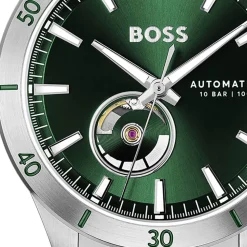 BOSS Troper Automatic 42mm Green Open Heart Dial Steel Bracelet Watch