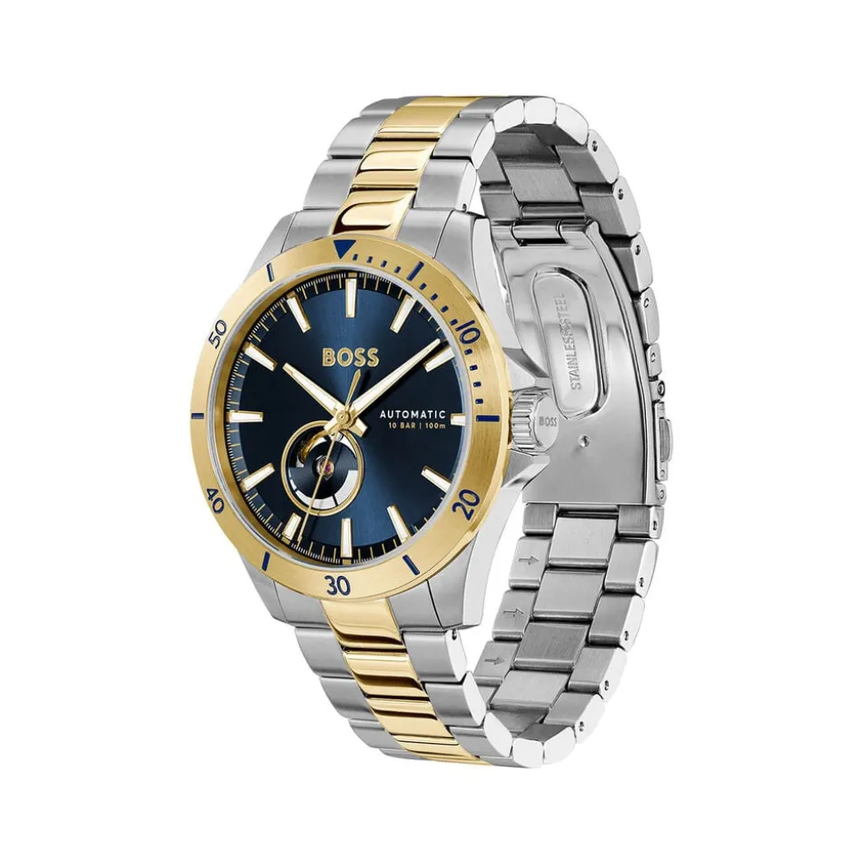 BOSS Troper Automatic 42mm Blue Open Heart Dial Two-Tone Steel Bracelet Watch