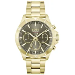 BOSS Troper 44mm Green Chronograph Dial Yellow Gold IP Bracelet Watch