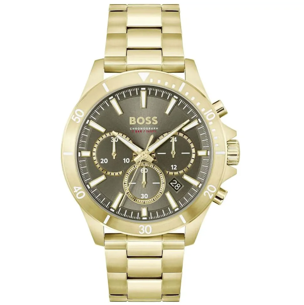 BOSS Troper 44mm Green Chronograph Dial Yellow Gold IP Bracelet Watch