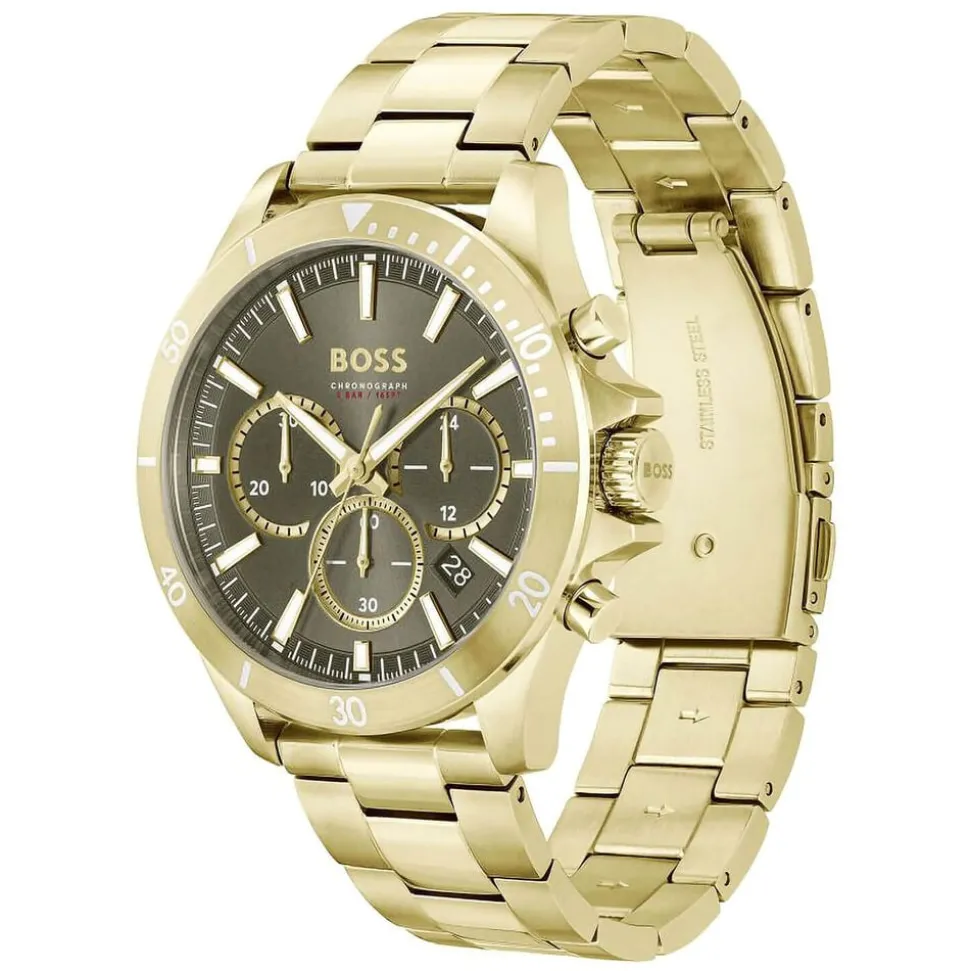 BOSS Troper 44mm Green Chronograph Dial Yellow Gold IP Bracelet Watch