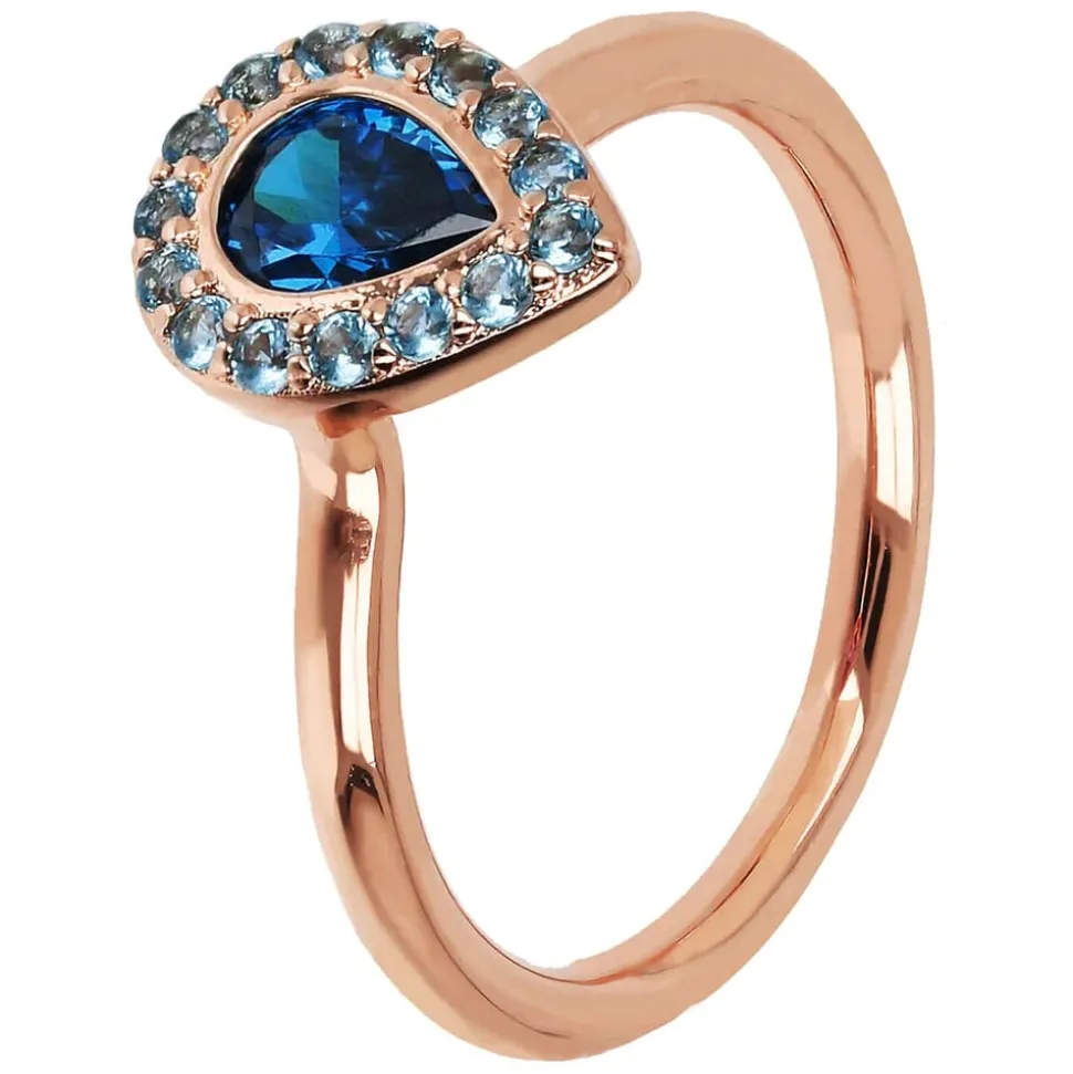 Bronzallure 18ct Rose Gold Plated Blue Drop Cubic Zirconia Ring (Size L-M)