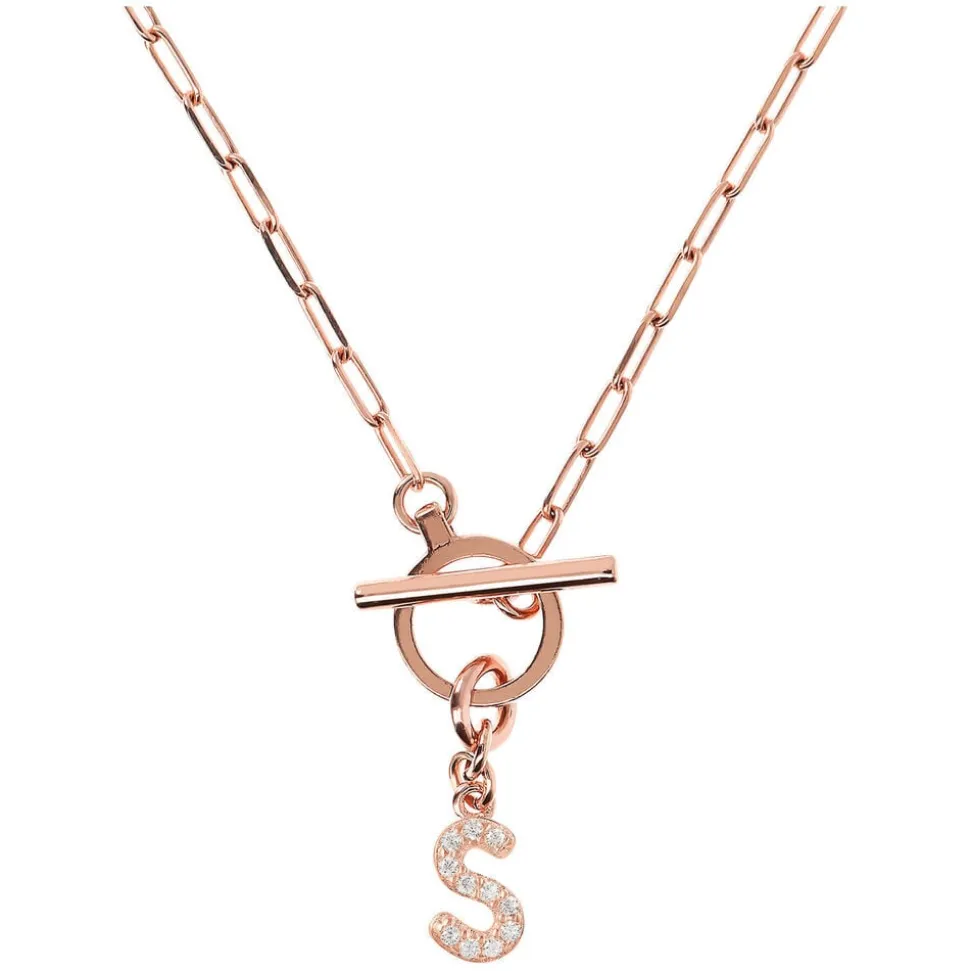 Bronzallure Mini Paper Link With Latter S Pave And T-Bar Necklace